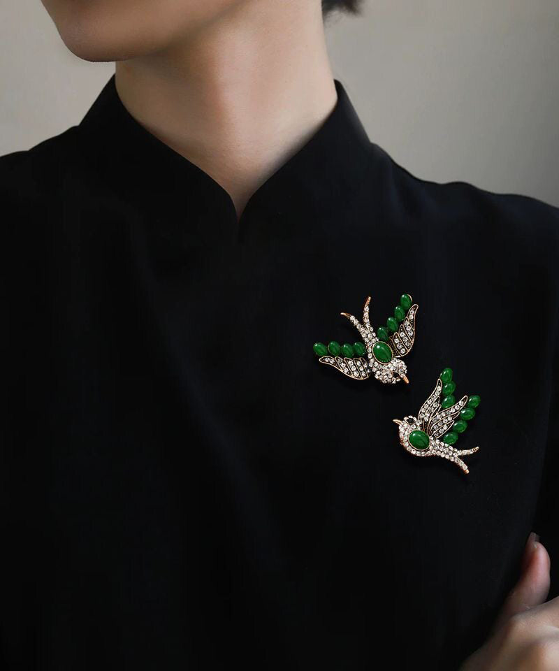 Original Design Green Sterling Silver Zircon Swallow A Pair Brooches
