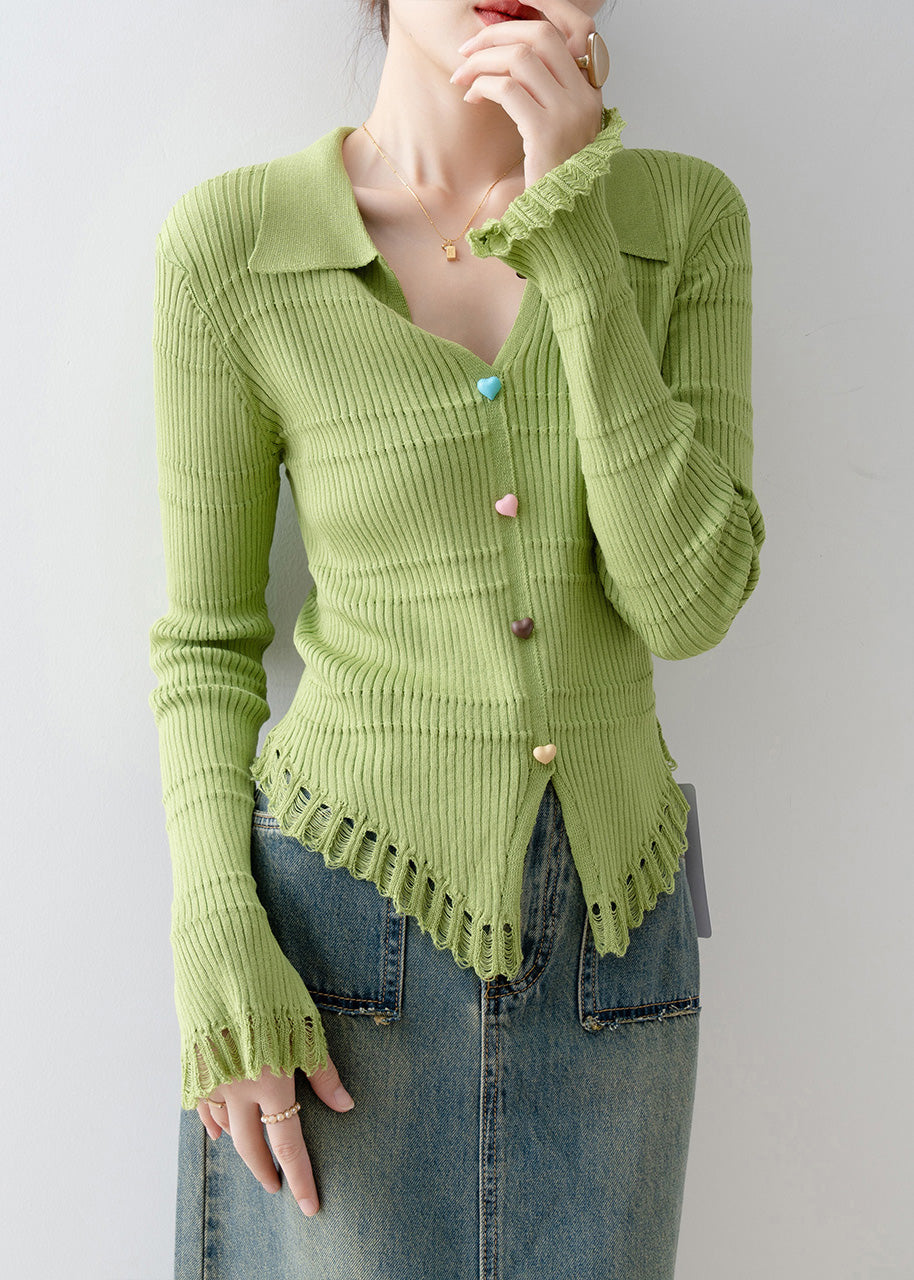 Original Design Green V Neck Knit Top Spring