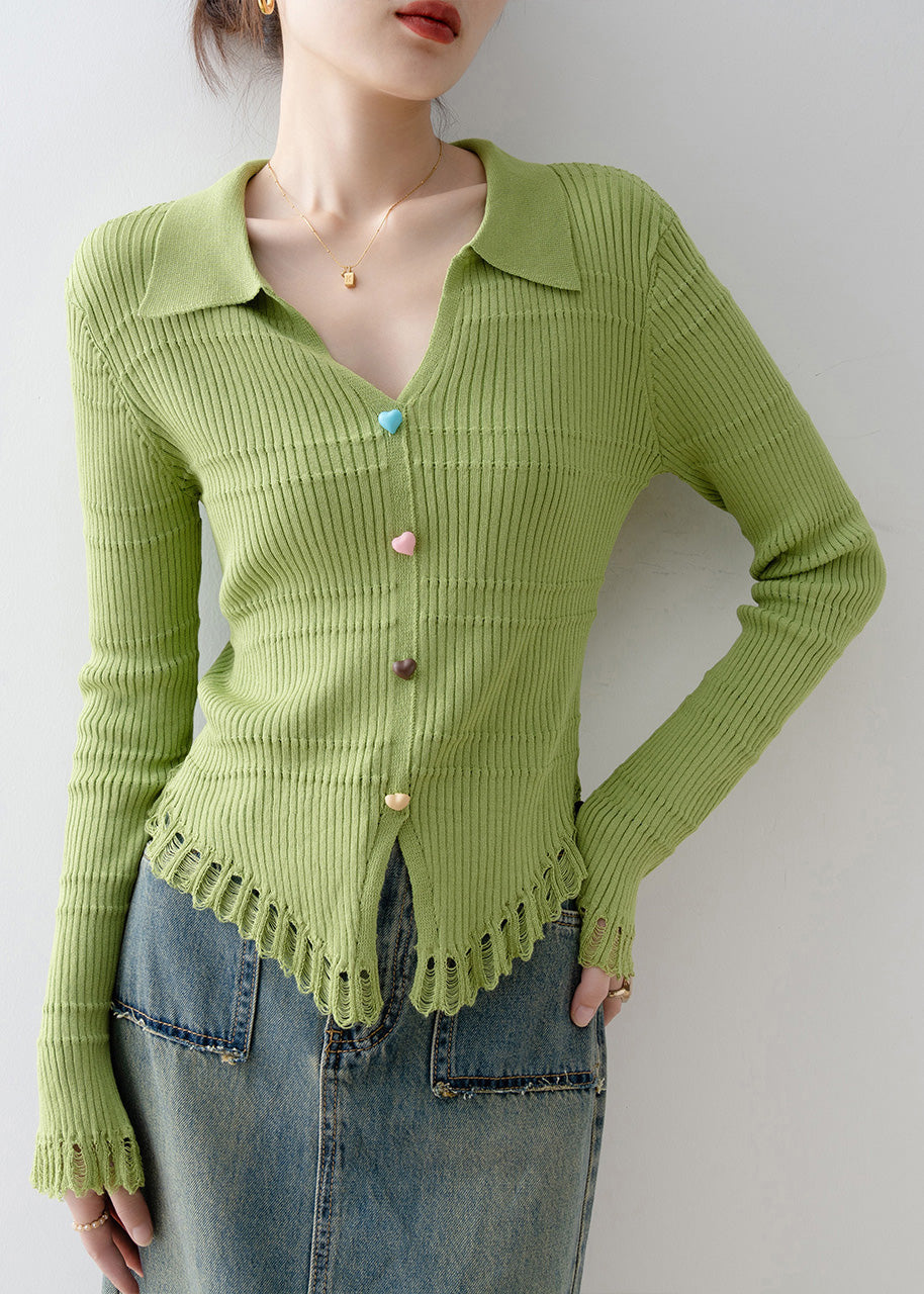 Original Design Green V Neck Knit Top Spring