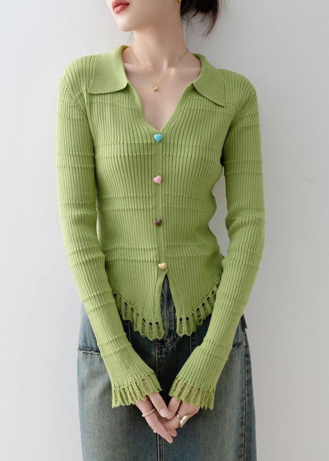 Original Design Green V Neck Knit Top Spring