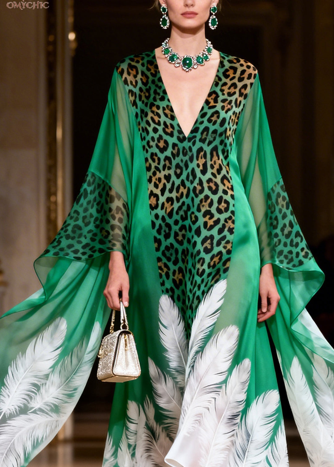 Original Design Green V Neck Print Chiffon Ankle Dress Summer