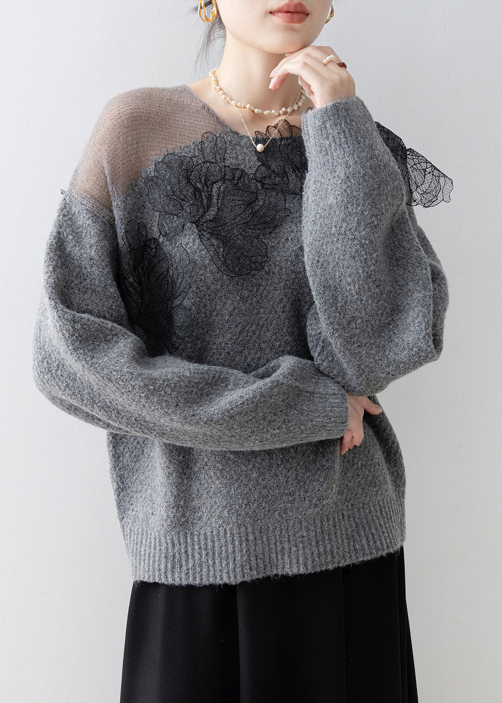 Original Design Grey O-Neck Floral Knit Sweaters Spring
