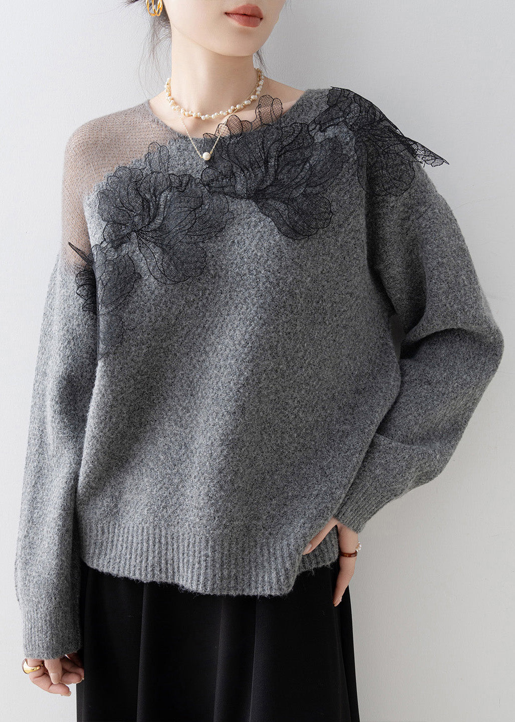 Original Design Grey O-Neck Floral Knit Sweaters Spring