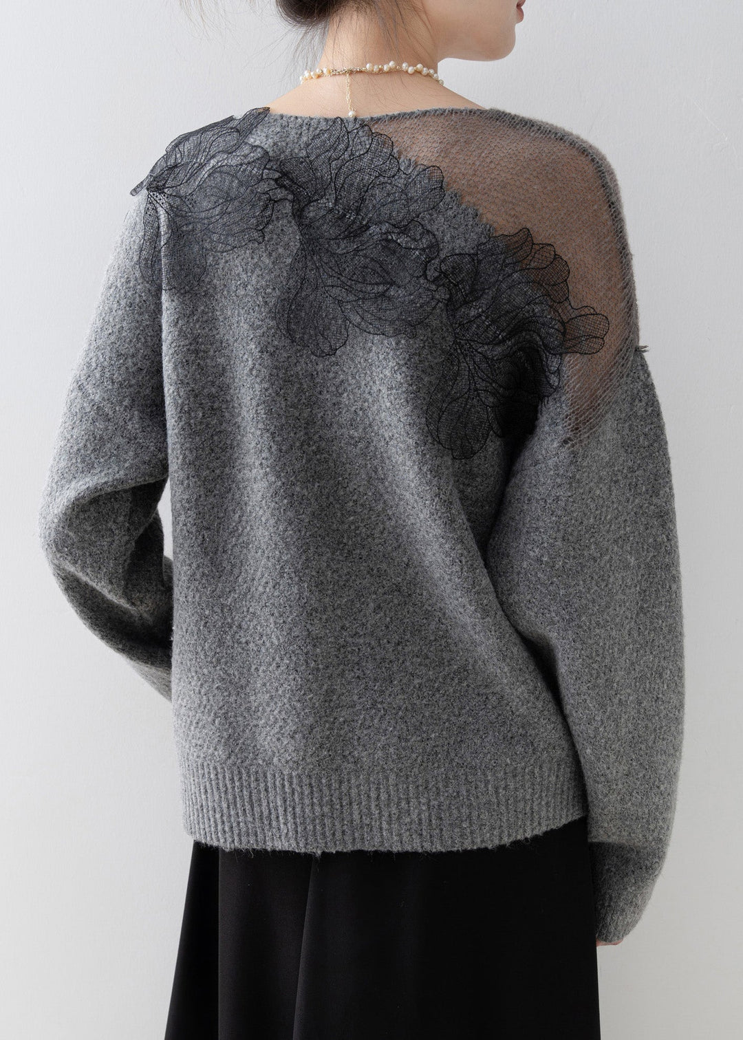 Original Design Grey O-Neck Floral Knit Sweaters Spring
