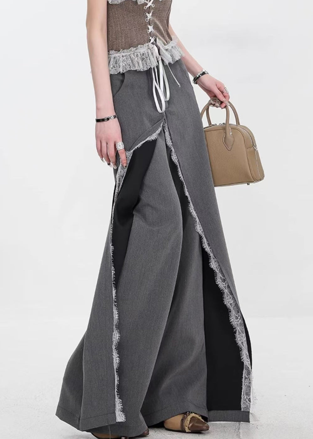Original Design Grey Pockets Lace Patchwork Spandex Pants Fall