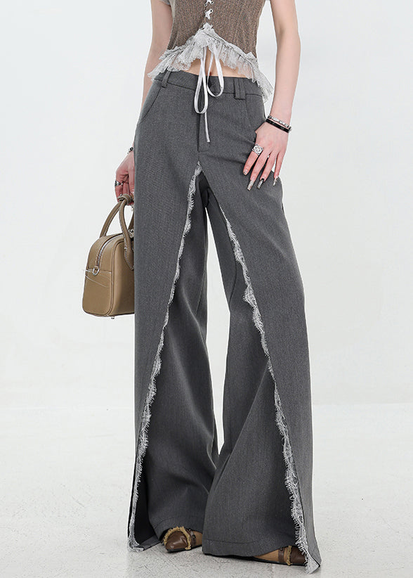 Original Design Grey Pockets Lace Patchwork Spandex Pants Fall