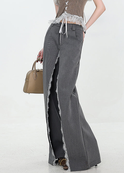 Original Design Grey Pockets Lace Patchwork Spandex Pants Fall