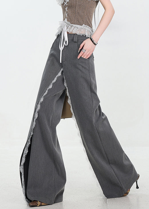 Original Design Grey Pockets Lace Patchwork Spandex Pants Fall