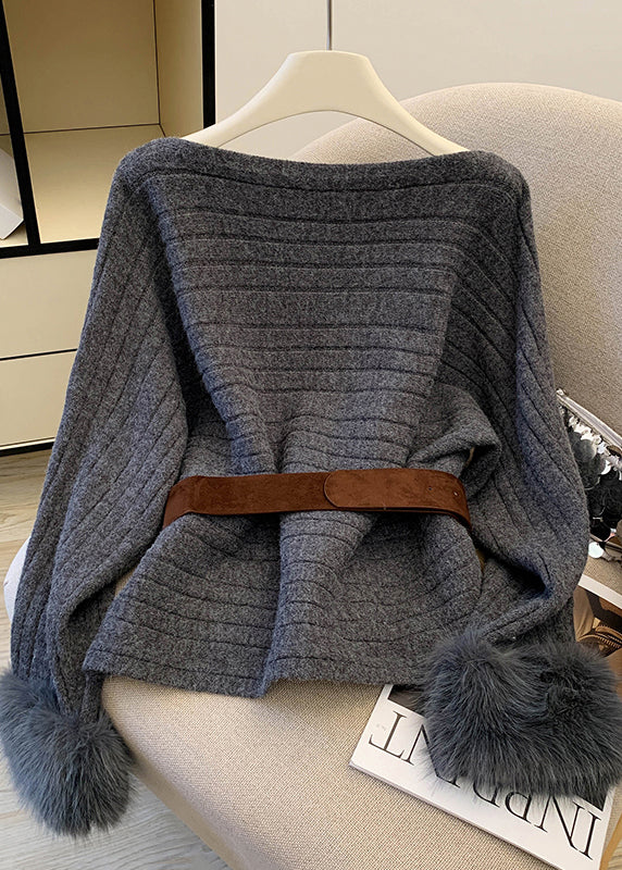 Original Design Grey Slash Neck Fur Patchwork Knit Sweaters Spring