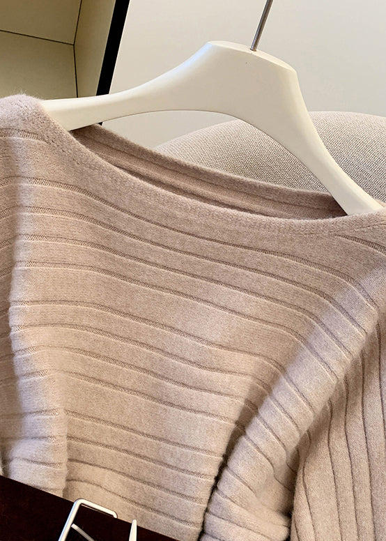 Original Design Grey Slash Neck Fur Patchwork Knit Sweaters Spring