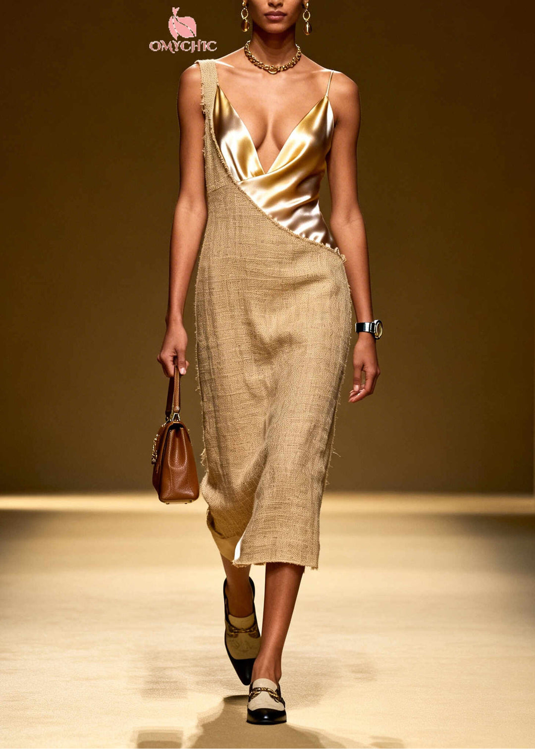 Original Design Khaki Asymmetrical Patchwork Linen Silk Dresses Summer