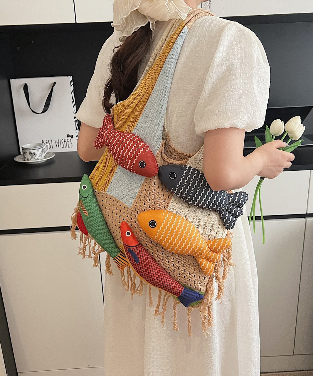 Original Design Khaki Tassel Knit Shoulder Bag