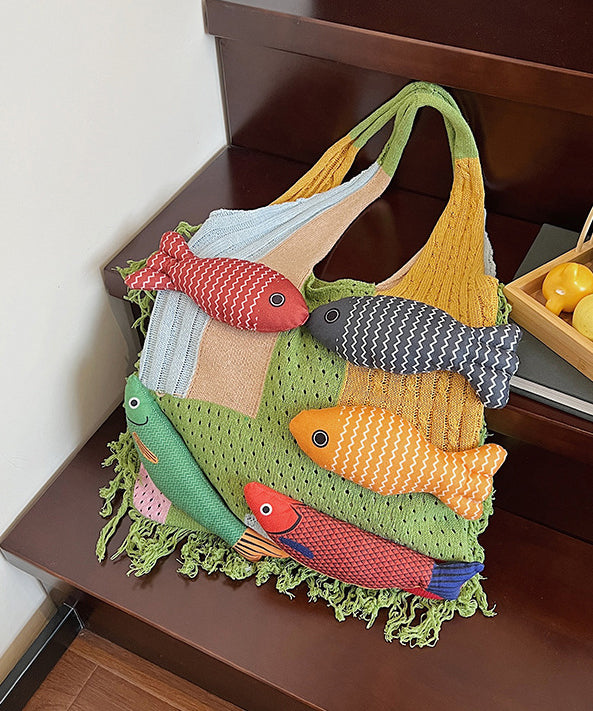 Original Design Khaki Tassel Knit Shoulder Bag
