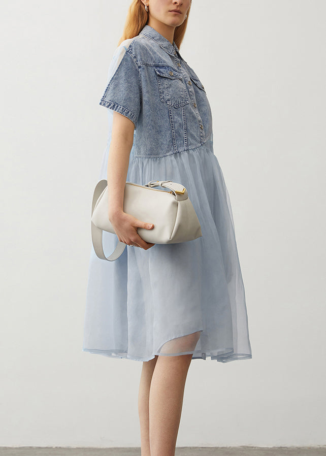 Original Design Light Blue Peter Pan Collar Denim Patchwork Silk Dress Summer