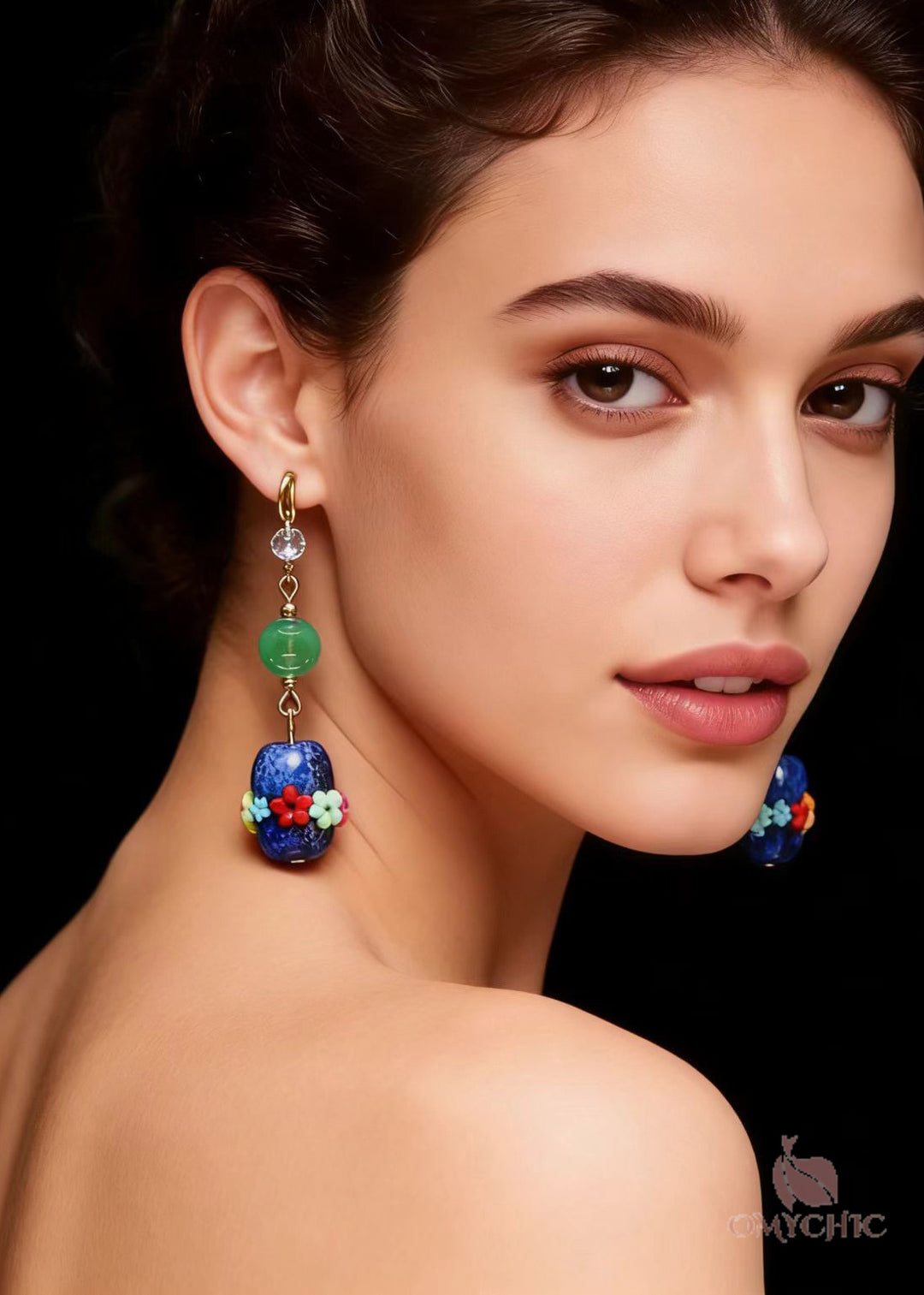 Original Design Multicolour Flower Bluestone Jade Drop Earrings