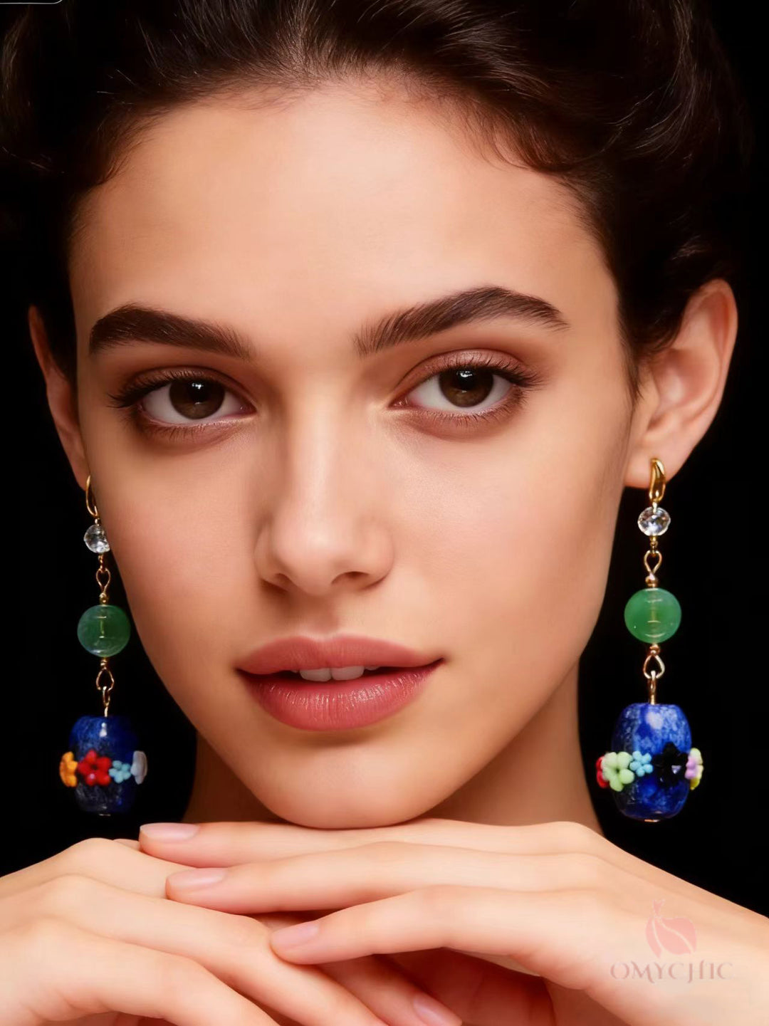 Original Design Multicolour Flower Bluestone Jade Drop Earrings