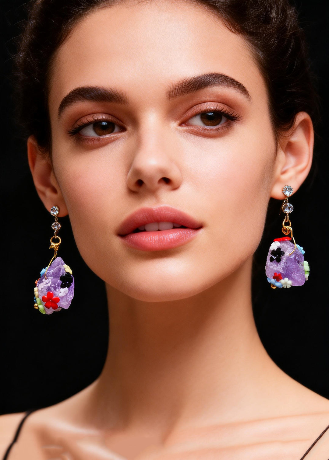 Original Design Naturally Purple Jade Multicolour Flowers Drop Earrings