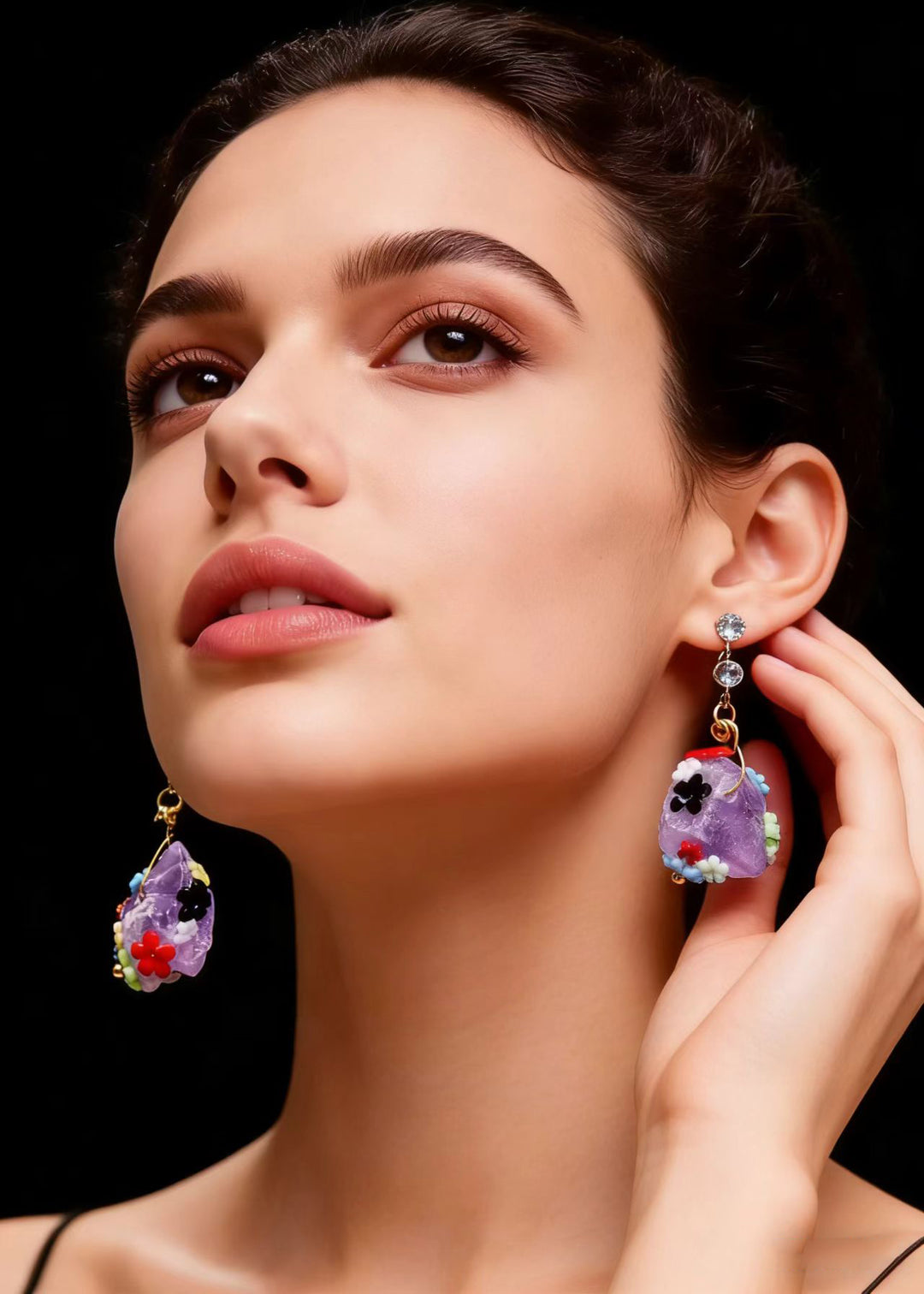 Original Design Naturally Purple Jade Multicolour Flowers Drop Earrings