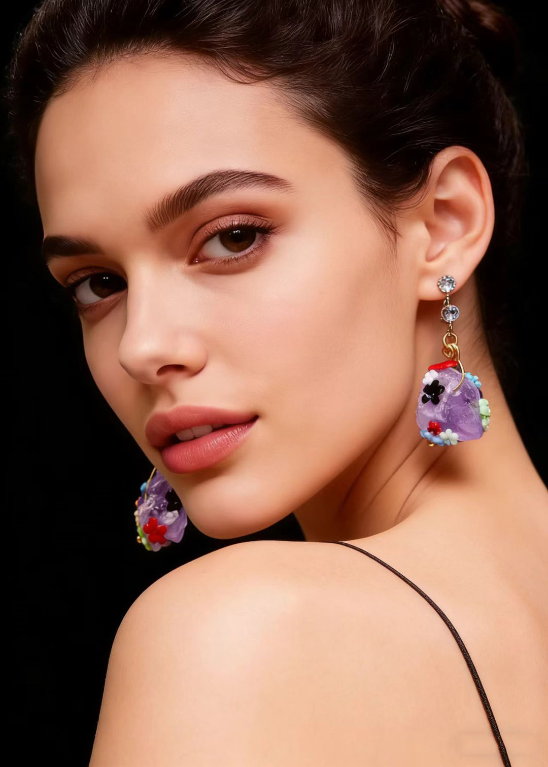 Original Design Naturally Purple Jade Multicolour Flowers Drop Earrings
