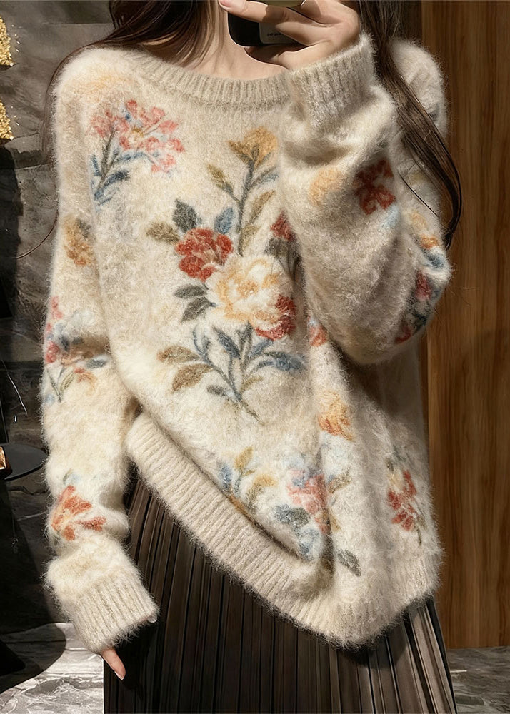 Original Design O Neck Thick Floral Knit Pullover Winter