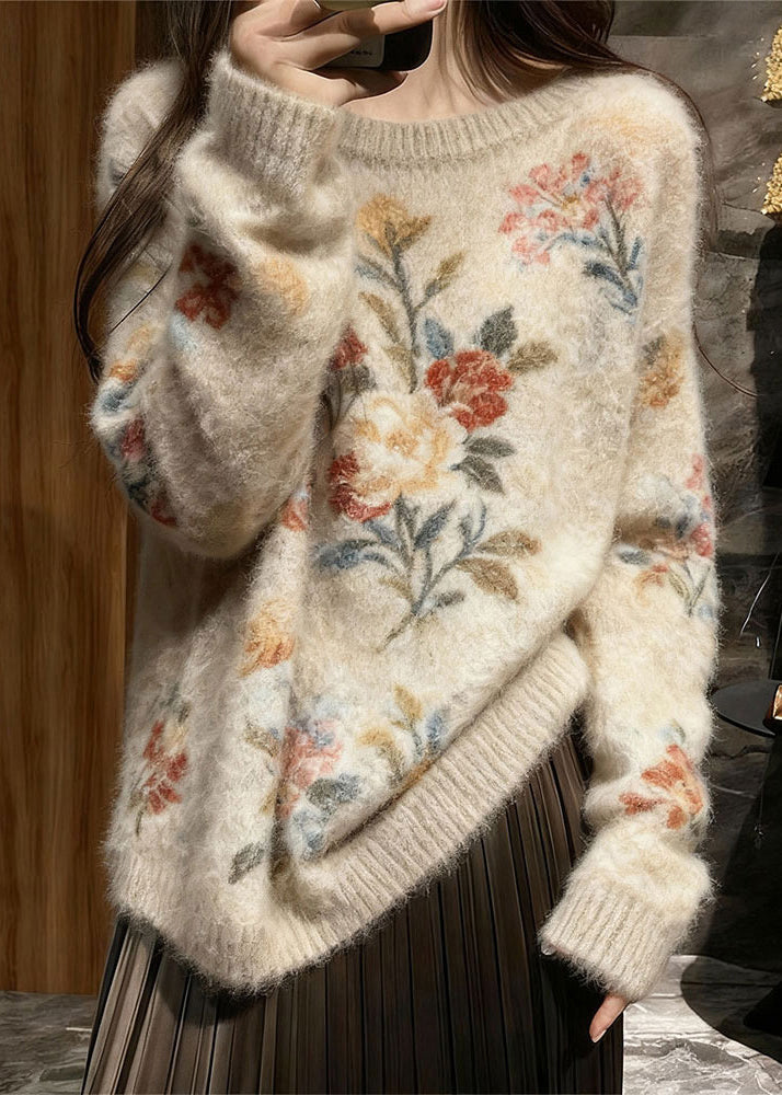 Original Design O Neck Thick Floral Knit Pullover Winter