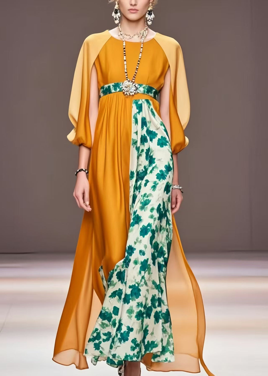 Original Design Orange Cinched Patchwork Silk Dresses Cloak Sleeves