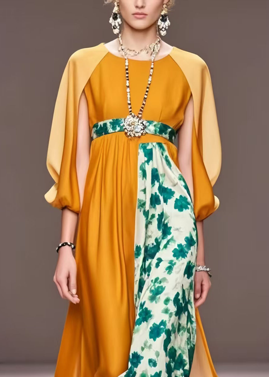 Original Design Orange Cinched Patchwork Silk Dresses Cloak Sleeves