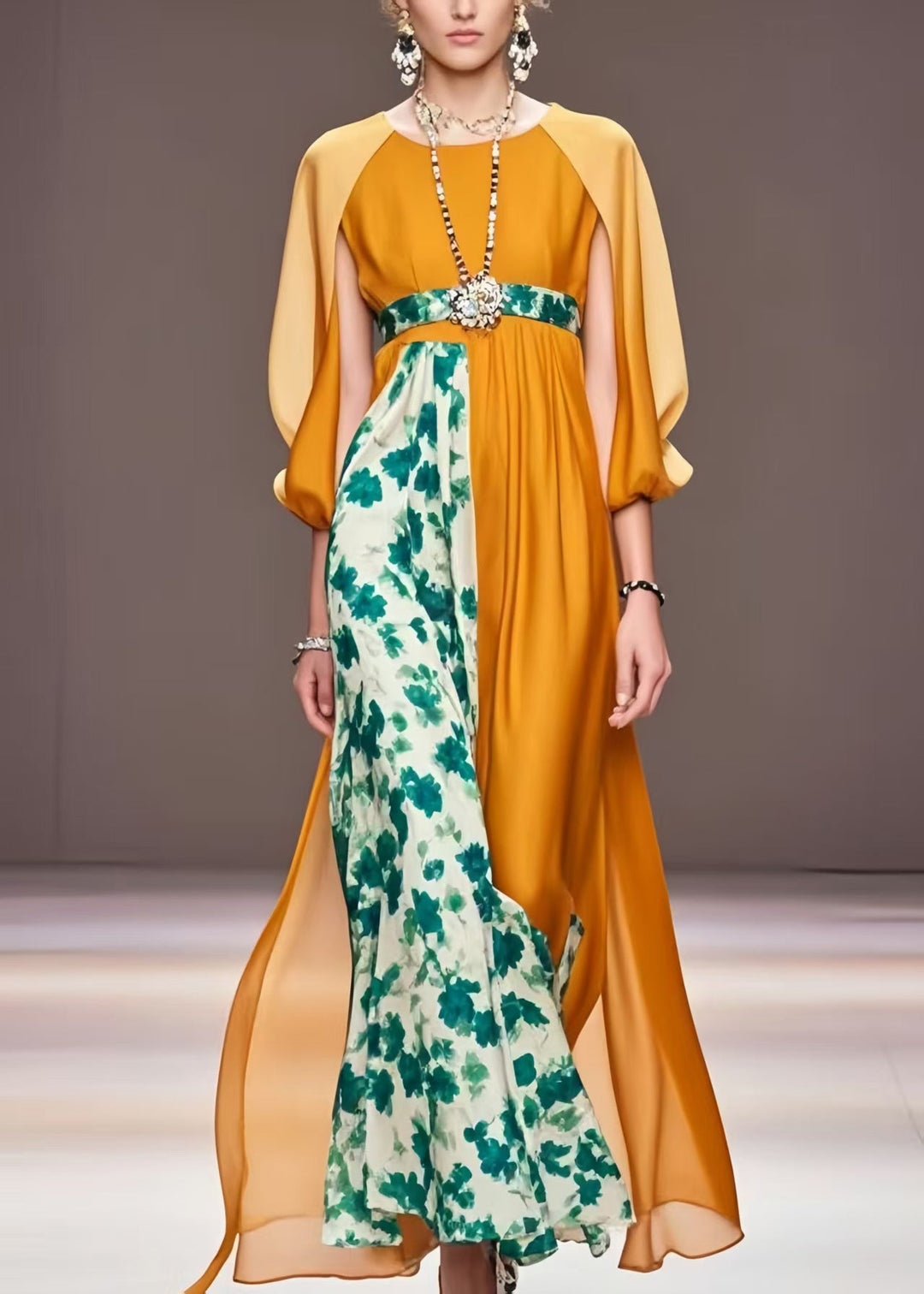 Original Design Orange Cinched Patchwork Silk Dresses Cloak Sleeves