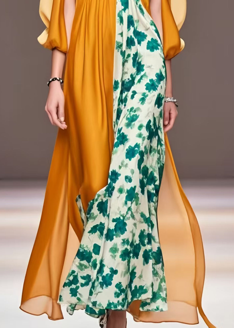 Original Design Orange Cinched Patchwork Silk Dresses Cloak Sleeves
