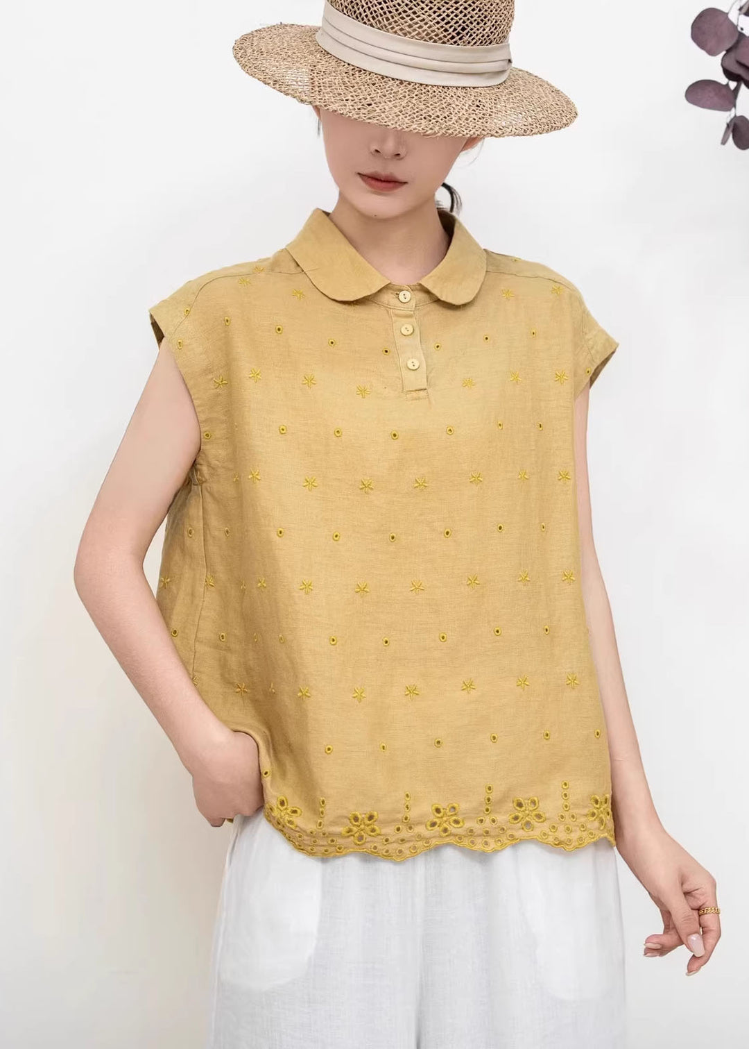 Original Design Peacock Blue Embroidered Linen Shirt Tops Summer