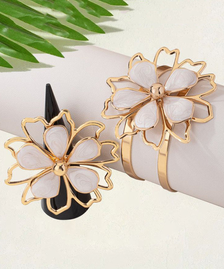 Original Design Pink Alloy Drip Glaze Floral Cuff And Rings Two-Piece Set