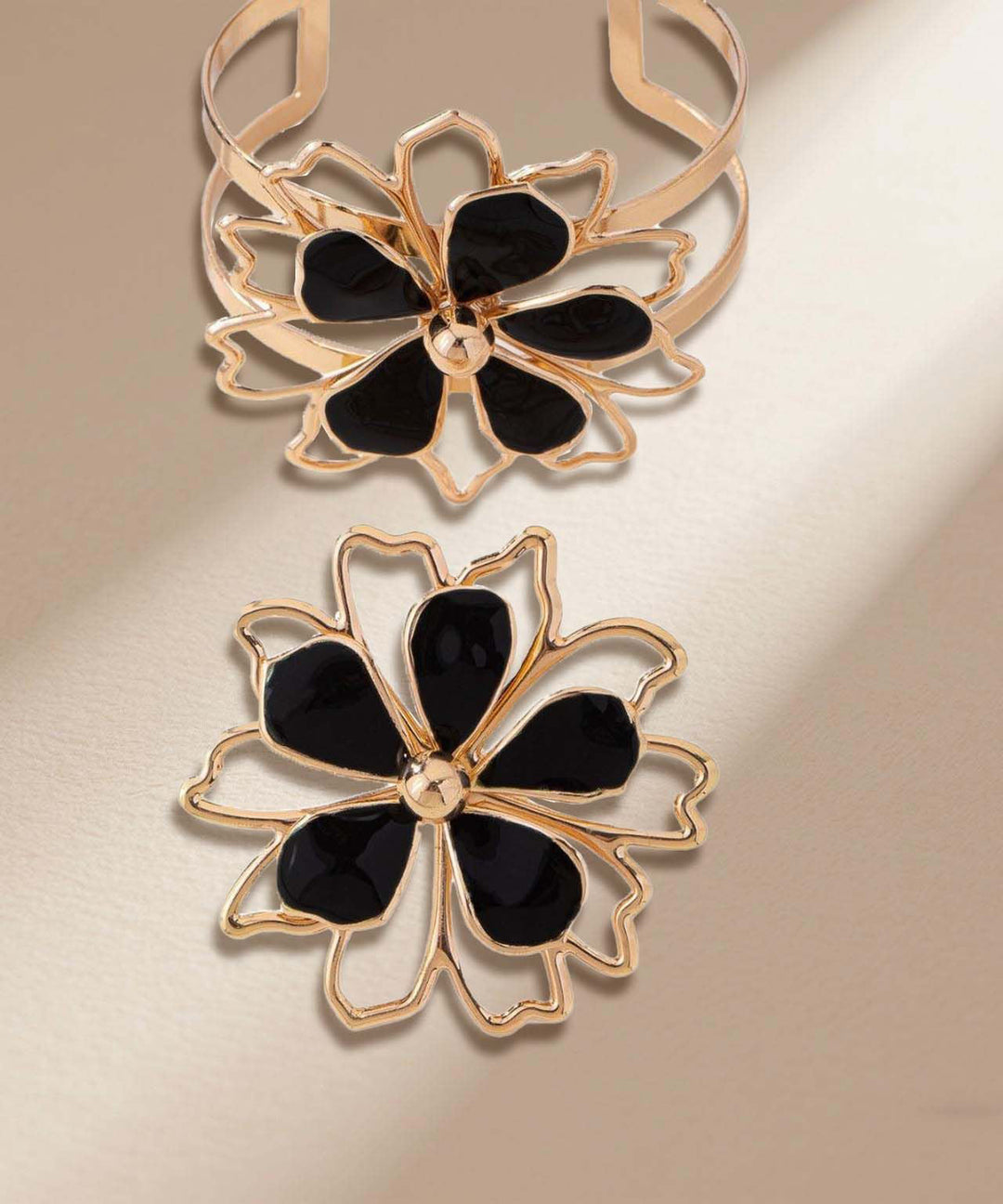 Original Design Pink Alloy Drip Glaze Floral Cuff And Rings Two-Piece Set