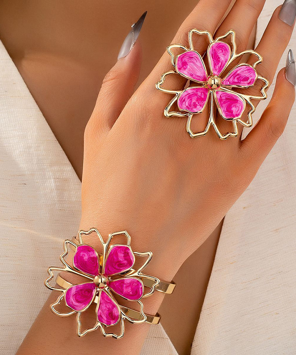 Original Design Pink Alloy Drip Glaze Floral Cuff And Rings Two-Piece Set