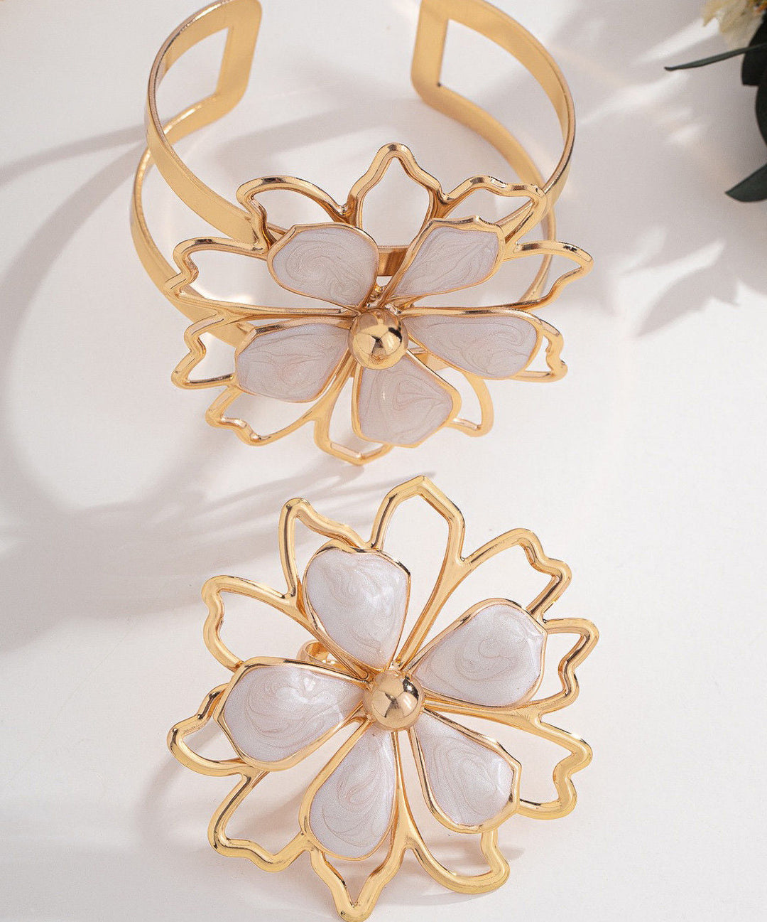Original Design Pink Alloy Drip Glaze Floral Cuff And Rings Two-Piece Set
