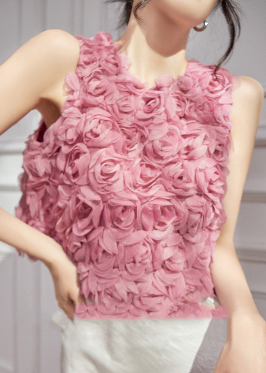 Original Design Pink Floral Tulle Vests Sleeveless