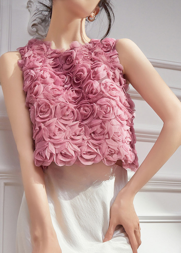 Original Design Pink Floral Tulle Vests Sleeveless