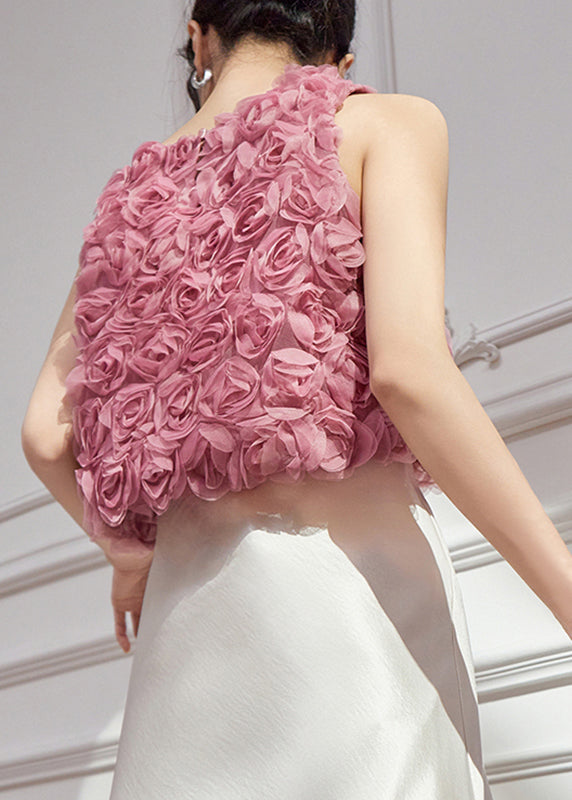 Original Design Pink Floral Tulle Vests Sleeveless