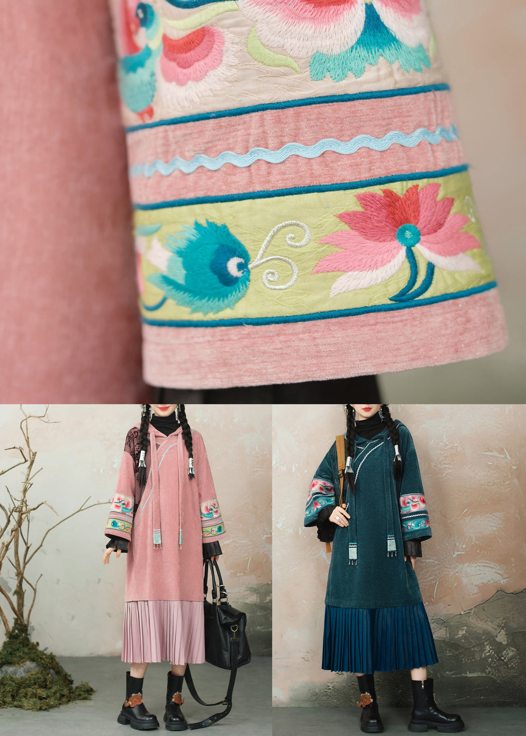 Original Design Pink Hooded Embroidered Patchwork Chenille Dresses Spring