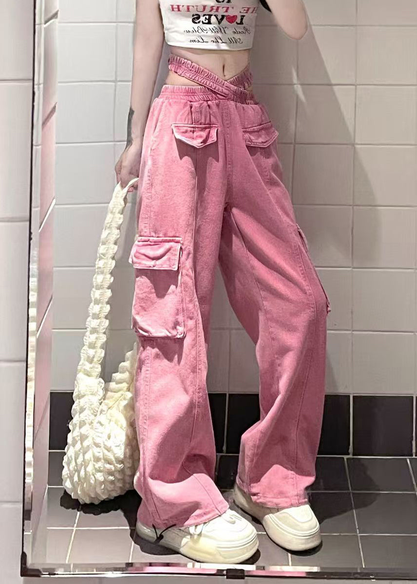 Original Design Pink Pockets Elastic Waist Denim Beam Pants Fall