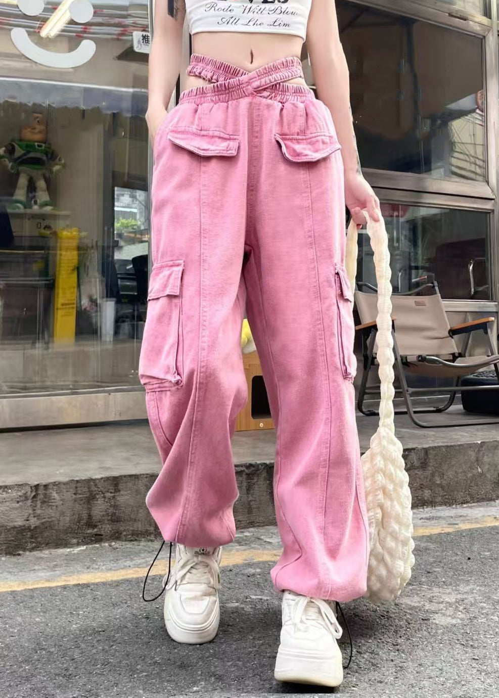 Original Design Pink Pockets Elastic Waist Denim Beam Pants Fall