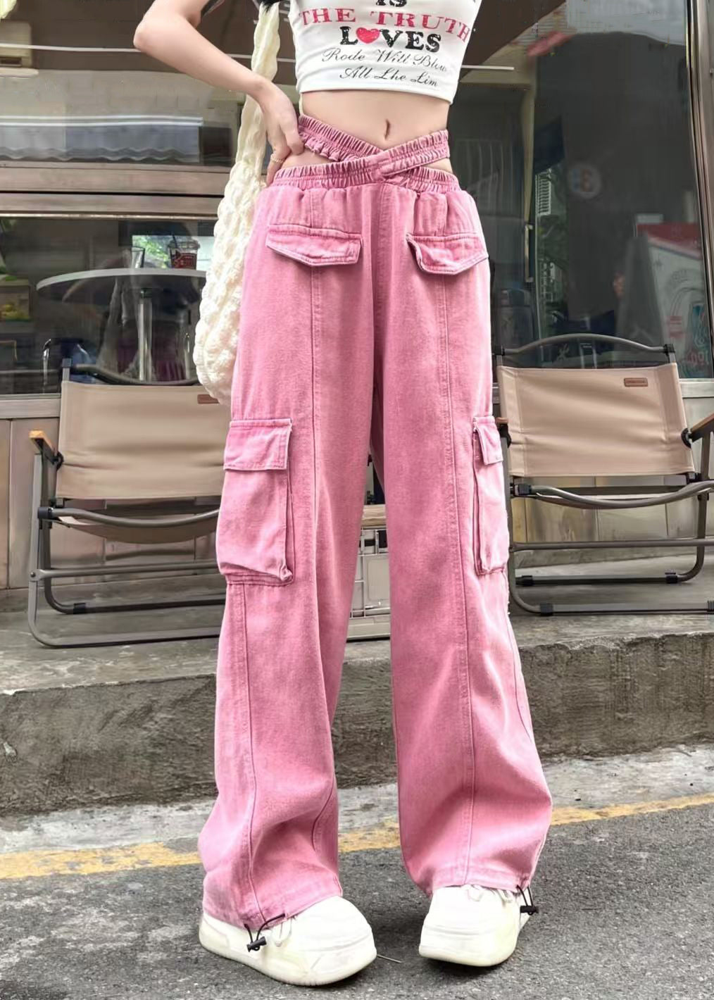 Original Design Pink Pockets Elastic Waist Denim Beam Pants Fall