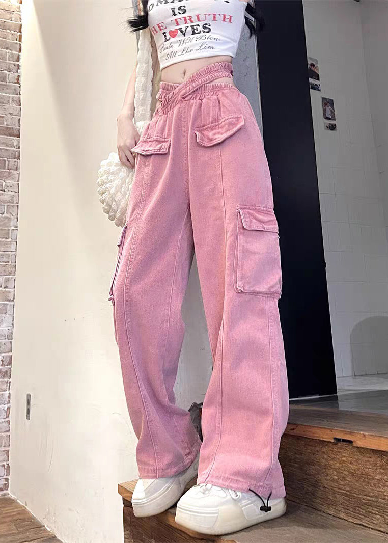Original Design Pink Pockets Elastic Waist Denim Beam Pants Fall