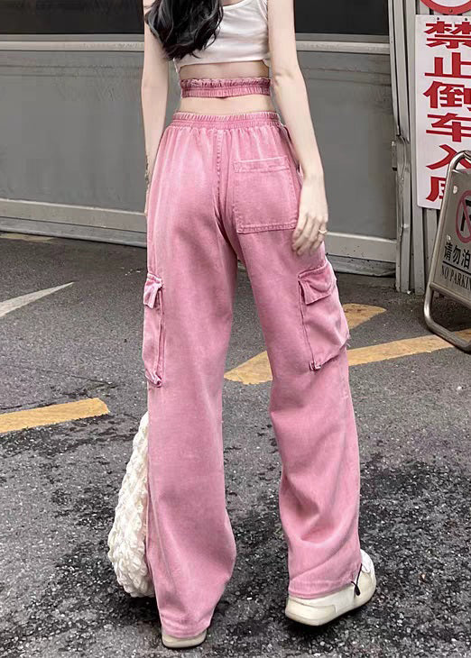 Original Design Pink Pockets Elastic Waist Denim Beam Pants Fall