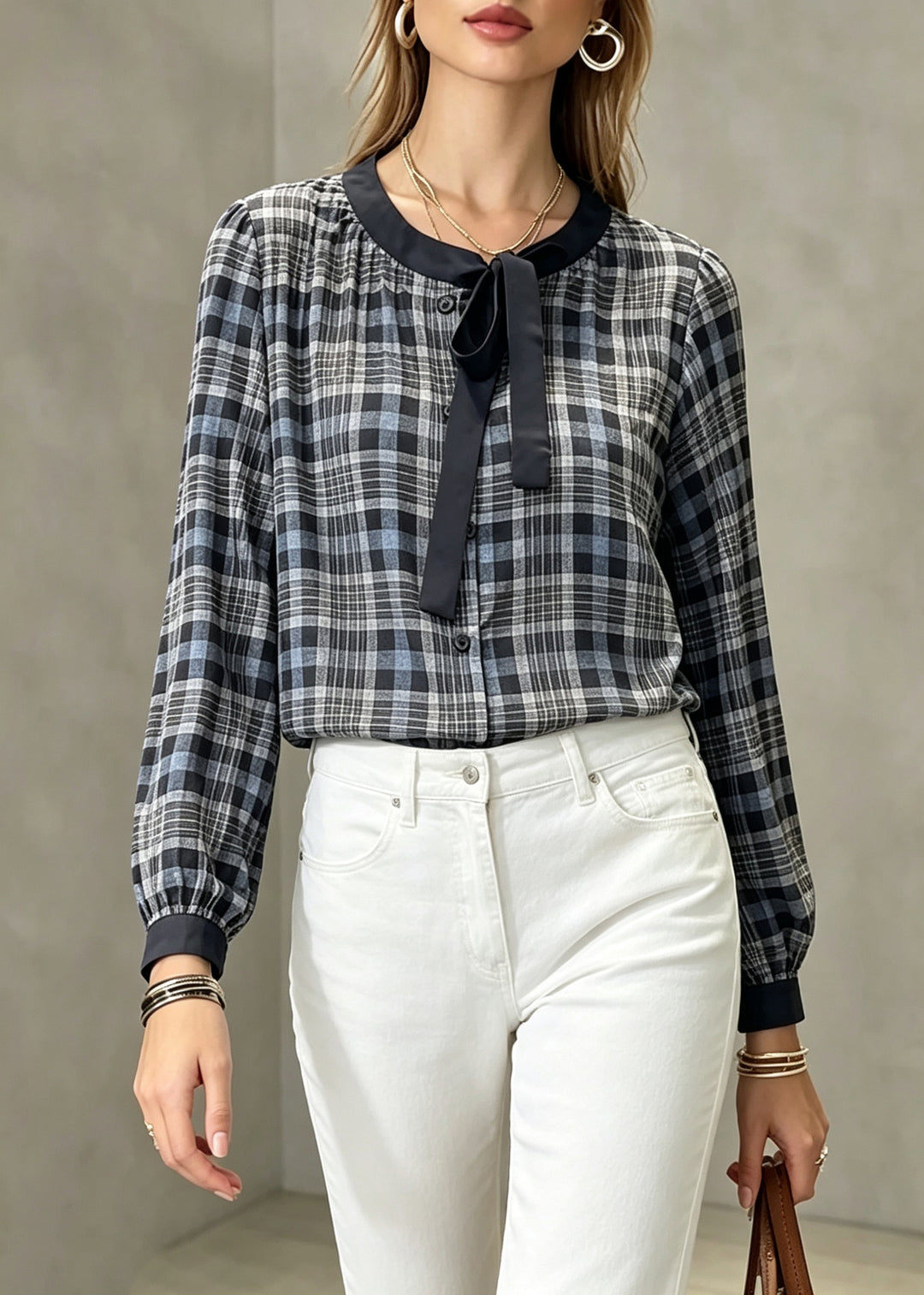 Original Design Plaid Bow Wrinkled Tops Fall