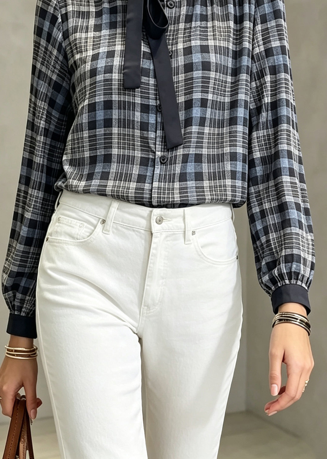 Original Design Plaid Bow Wrinkled Tops Fall