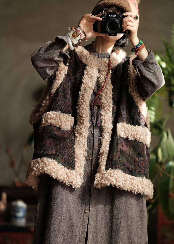 Original Design Pockets Faux Fur Patchwork Corduroy Fine Cotton Filled Vest Winter