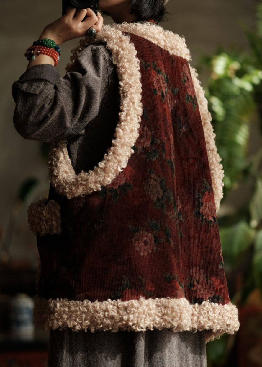 Original Design Pockets Faux Fur Patchwork Corduroy Fine Cotton Filled Vest Winter