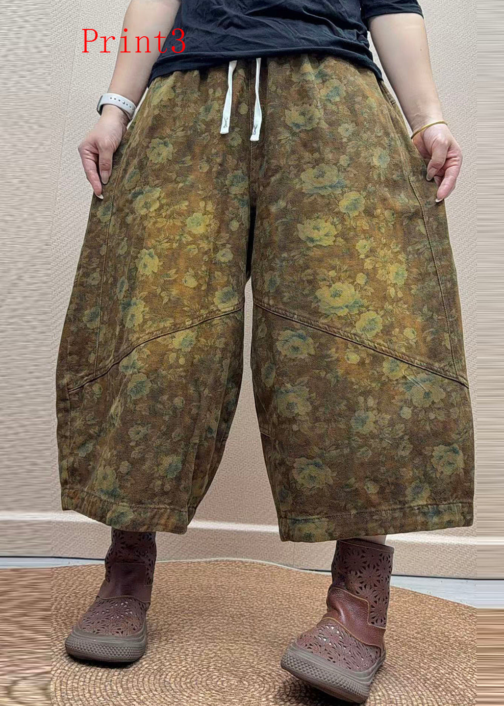 Original Design Pockets Print Elastic Waist Cotton Harem Pants Fall