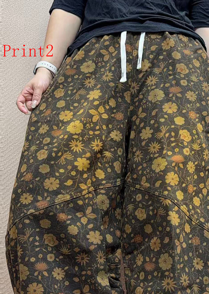 Original Design Pockets Print Elastic Waist Cotton Harem Pants Fall