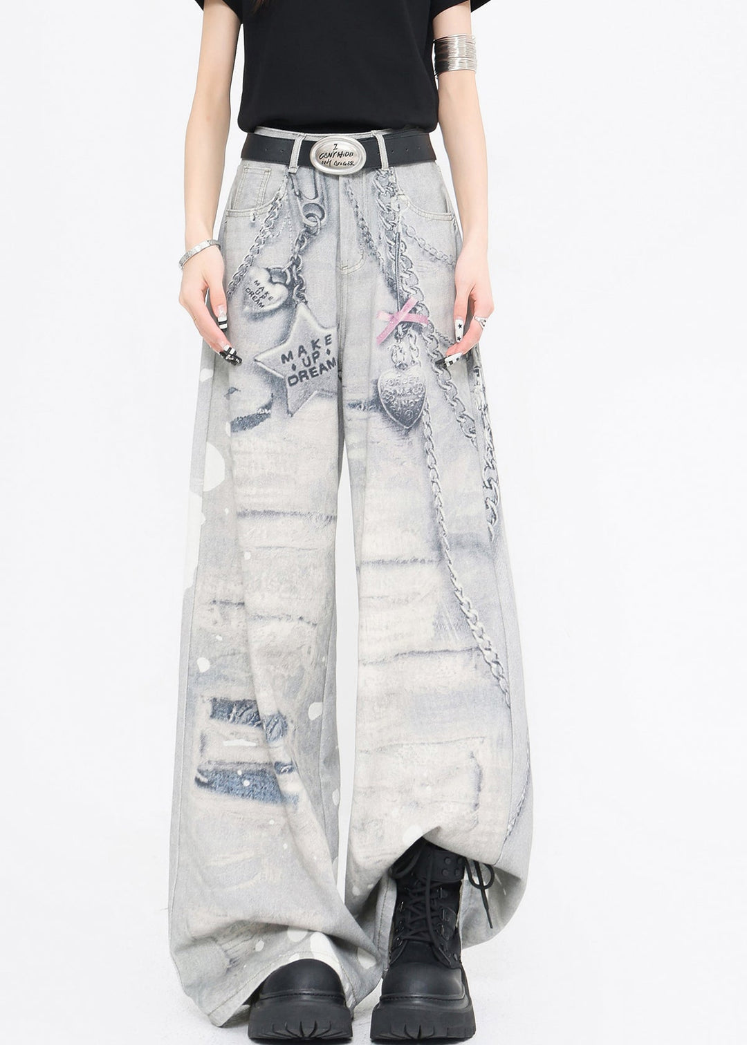 Original Design Print High Waist Denim Wide Leg Pants Fall